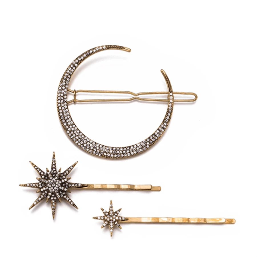 3入組幾何設計髮夾套裝帶月亮,雪花,和星形水鑽裝飾用品,髮夾 - 金色 - 查看 1