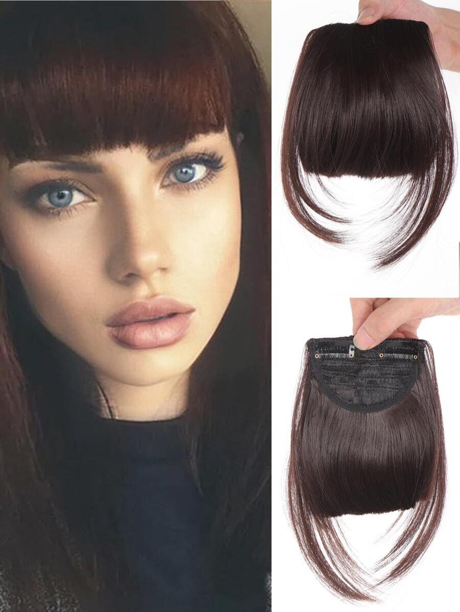 合成假发刘海 2 个接发片 整齐前部假刘海 自然假发 女士刘海片 - Dark Brown - 查看 1