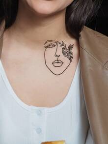 2入組/套黑色簡約素描人物&花&葉紋身貼紙,適用於腕部和身體 - 黑色 - 查看 5