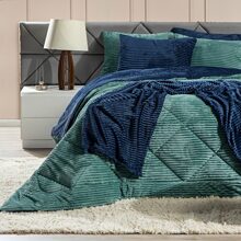 Kit Coberdrom Canelado Dupla Face Denver KING SIZE 03 Peças - Edredom Cobertor em Manta Microfibra Canelada Quente Macia Mantinha Coberta Listrada Casal Decoração Inverno Luxo