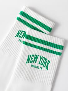 1 Pair Women's Letter Double-Bar Mid-Calf Socks NEW YORK Brooklyn Fashionable All-Match Soft & Comfortable Sports Socks Suitable For Festivals/Gifts/Home Wear/Back To School/Travel