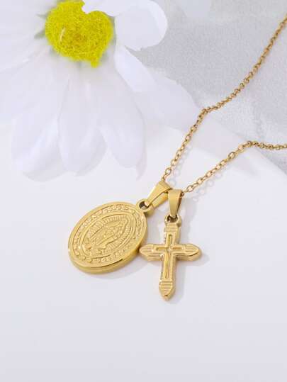 1 pieza Una Virgen María y Cruz Doble Colgante Acero inoxidable Mujer Joyería de Moda Collares para Uso Diario