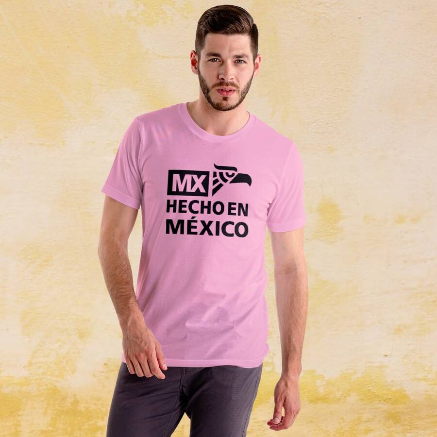 Playera Mexicana de hombre "Hecho en México" Celebrando nuestras fiestas patrias - Rosa - Ver 1