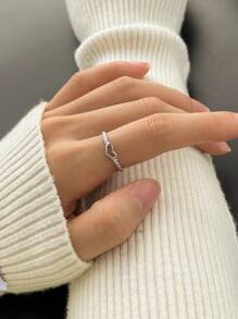 歐美風格s925純銀愛心戒指女式可調節鏤空心形鑲鑽水鑽時尚配飾 - 白色 - 查看 6