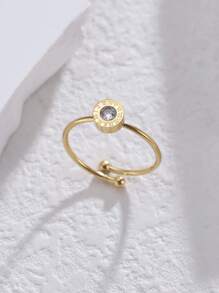 1pc Fashionable Stainless Steel Roman Numerals Ring With Rhinestone, Perfect For Women's Daily Wear - Yellow Gold - View 1