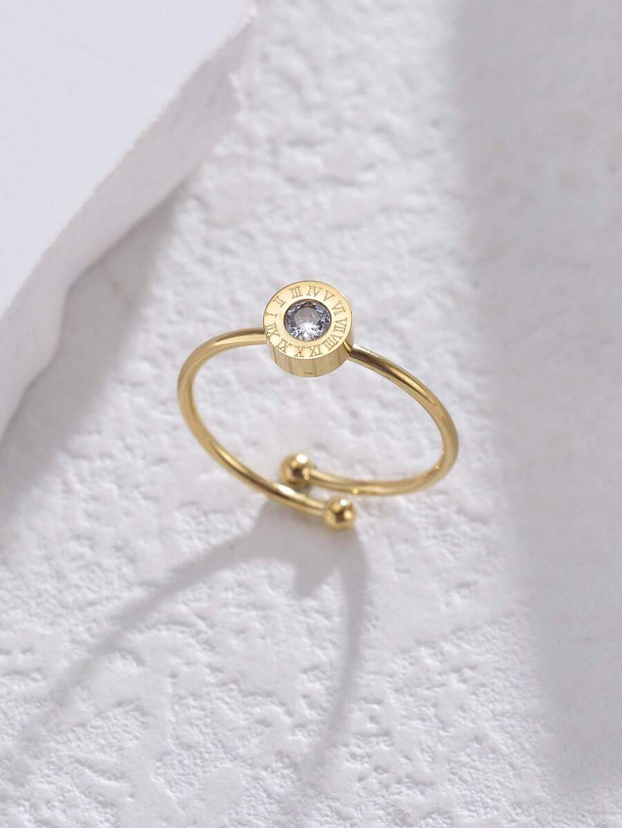 1pc Fashionable Stainless Steel Roman Numerals Ring With Rhinestone, Perfect For Women's Daily Wear - Yellow Gold - View 1