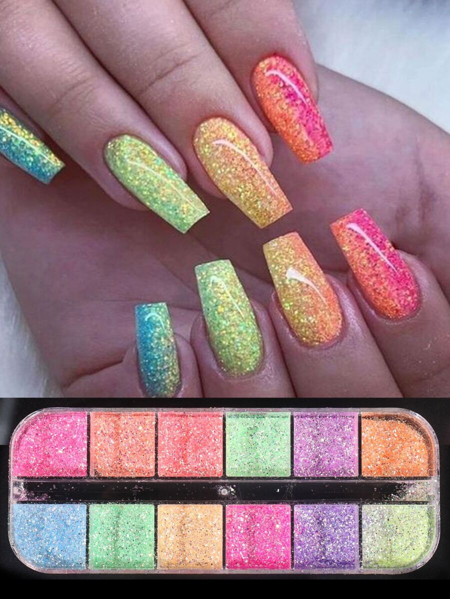 FULL BEAUTY 12 格/盒美人鱼亮片指甲闪光片混合彩色闪光片亮片装饰 3D 霓虹美甲配件 DIY 指甲饰物指甲宝石美甲用品 - 彩色 - 查看 1