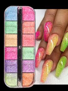 FULL BEAUTY 12 格/盒美人鱼亮片指甲闪光片混合彩色闪光片亮片装饰 3D 霓虹美甲配件 DIY 指甲饰物指甲宝石美甲用品 - 彩色 - 查看 2