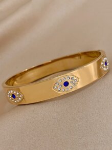 1 pieza Pulsera de acero inoxidable con diseño de ojos malvados de color dorado para mujeres y hombres, pulsera ancha con lujo de cristales, pulsera para pareja