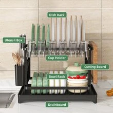 1pc Foldable Double-layer Bowl & Plate Drain Rack, Self-draining Iron Wire Dish Storage Organizer With Chopping Board Rack And Cutlery Holder, Black - Black - View 7
