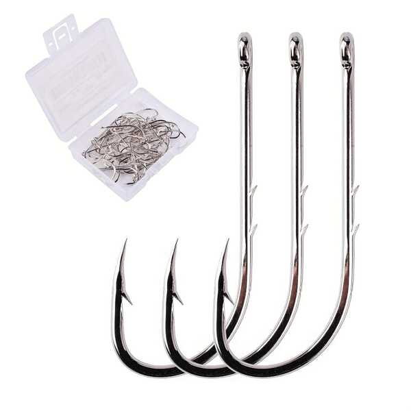 50 Piezas De Anzuelos De Pesca De Caña Larga Tamaño 1-12# Ojo De Anillo Anzuelos Individuales Para Pesca Con Señuelo Con Caja De Plástico, Anzuelos Afilados Con Barba Para Accesorios De Aparejos De Pesca De Agua Salada Y Dulce