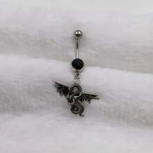 1pc Black-plated Belly Button Ring With Flying Dragon Pendant - Black - View 2