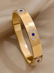1 pieza Pulsera de acero inoxidable con diseño de ojos malvados de color dorado para mujeres y hombres, pulsera ancha con lujo de cristales, pulsera para pareja