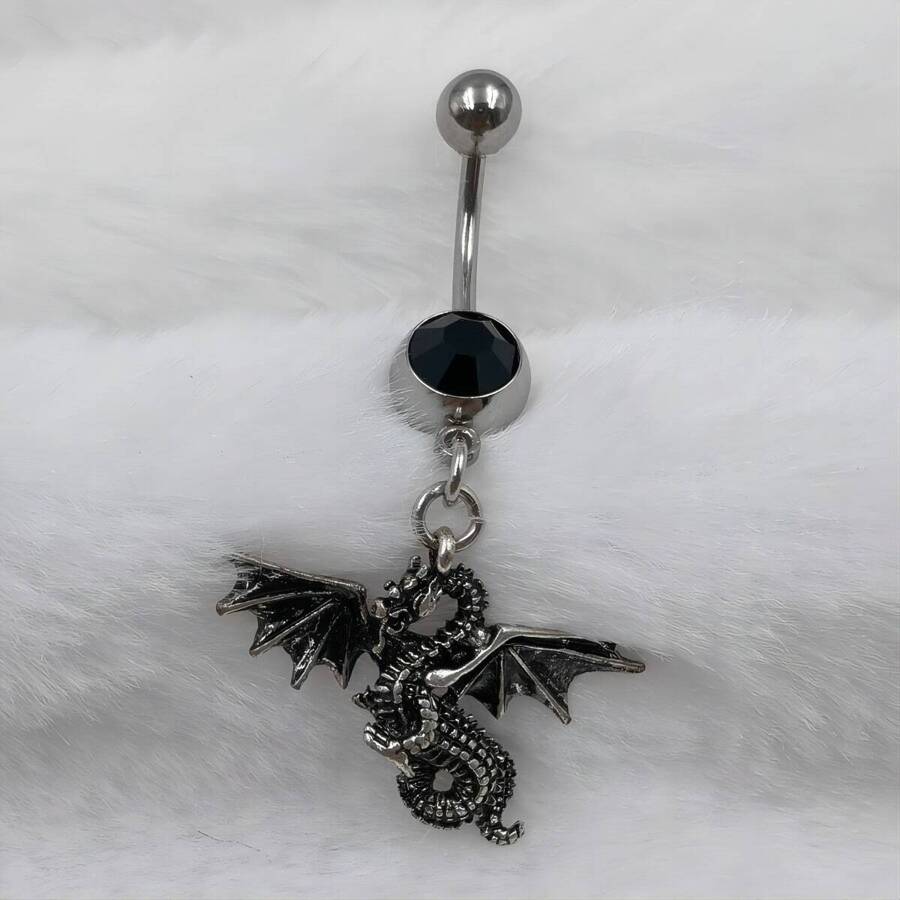 1pc Black-plated Belly Button Ring With Flying Dragon Pendant - Black - View 1