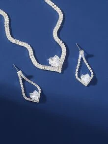 3 Piezas/set Conjunto De Collar Y Aretes De Diamantes De Imitación - Plateado - Ver 3