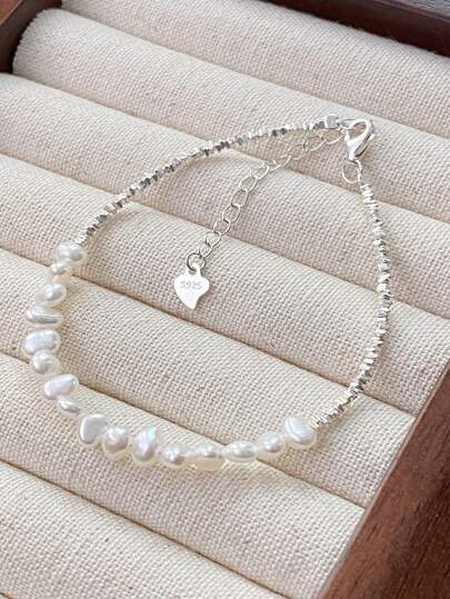1pc & Elegant Sterling Silver Asymmetrical Baroque 5-6mm Natural Freshwater Pearl Bracelet With Unique Design, Perfect For Birthday Gift To Friends And Daily Wear Wedding Jewelry Bridal Jewelry