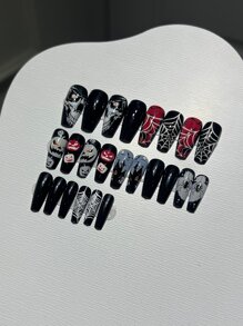 24入組棺材形長款假指甲帶紅色眼睛和南瓜萬聖節主題設計,帶1入組果凍膠水和1入組美甲拋光塊,可拆卸和可重複使用