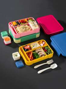 1個學生分隔式密封水果盒沙拉盒,辦公室微波加熱便當盒,外帶便當盒,大容量餐盒附叉匙,方形分隔式保鮮盒 - 玫紅色 - 查看 4