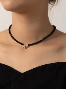 1入組波西米亞風格黑色串珠字母&心形墜飾項鍊