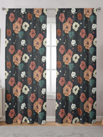 1pc Floral & Leafy Print Curtain For Home Decoration
