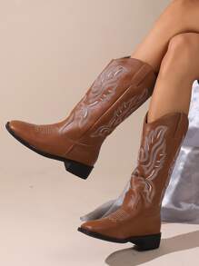 新訂製女式西方牛仔靴,刺繡鞋面,厚跟,寬正方形腳趾,高長筒騎行靴 - 棕色 - 查看 1