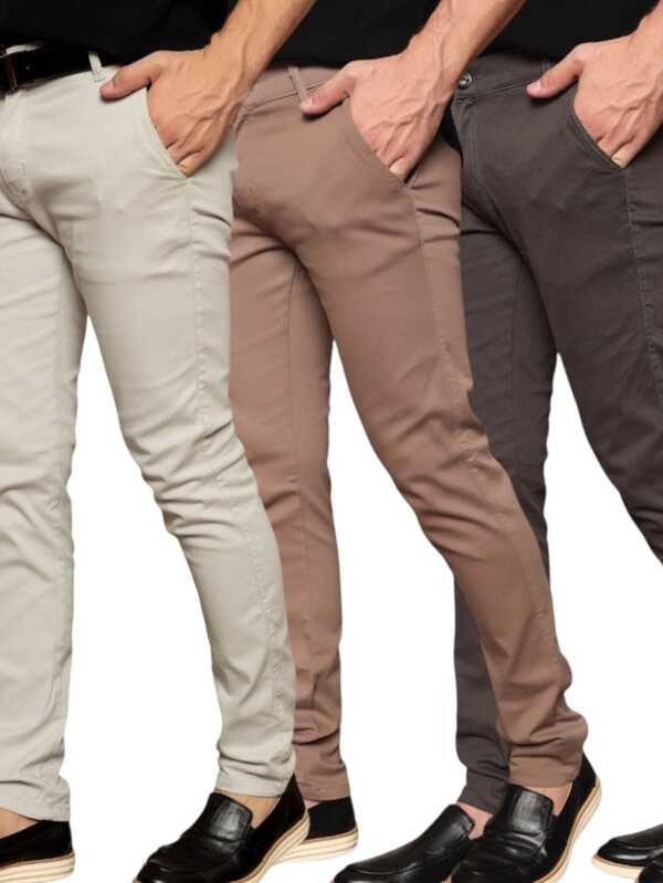 Kit 3 Calça Social Masculino Sarja Esporte Fino Gelo Caqui Cinza Chumbo