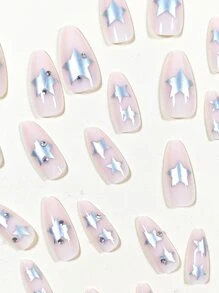 Biến đổi móng tay của bạn với 24 chiếc dài hạnh nhân màu bạc kim loại in hình ngôi sao móng tay giả & 1 dũa móng tay & 1 tờ băng ép trên móng tay Đồ dùng làm móng - Nhiều màu - Xem 3