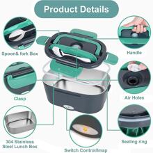 2 In 1 Bento Box, Electric Heating Lunch Box For Car, 1.5L Protable Lunch Box With Fork And Spoon, Food Warmer Container, Suitable For Office Workers, Home - 黑綠 - 查看 5