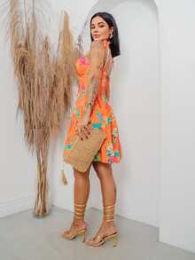 Vestido Curto Florido Tropical Soltinho de Alcinha Verão - Laranja - Visão 2