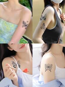 蝴蝶小花紋刺青貼紙,防水,無反射,適用於女性手臂,鎖骨和胸部 - 黑色 - 查看 1