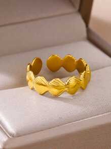 1pc Stainless Steel Abalone Shell Inlayed Open Ring, Women's Beachside Hand Decoration - Yellow Gold - View 1