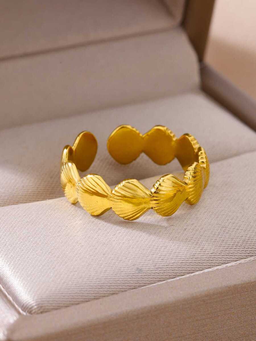1pc Stainless Steel Abalone Shell Inlayed Open Ring, Women's Beachside Hand Decoration - Yellow Gold - View 1