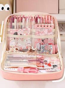 Estuche Para Lápices De Estudiante De Gran Capacidad, Bolsa De Almacenamiento Con Clasificación Multifuncional, Bolsa De Almacenamiento De Estacionaria De Cuadrícula - Rosa - Ver 3