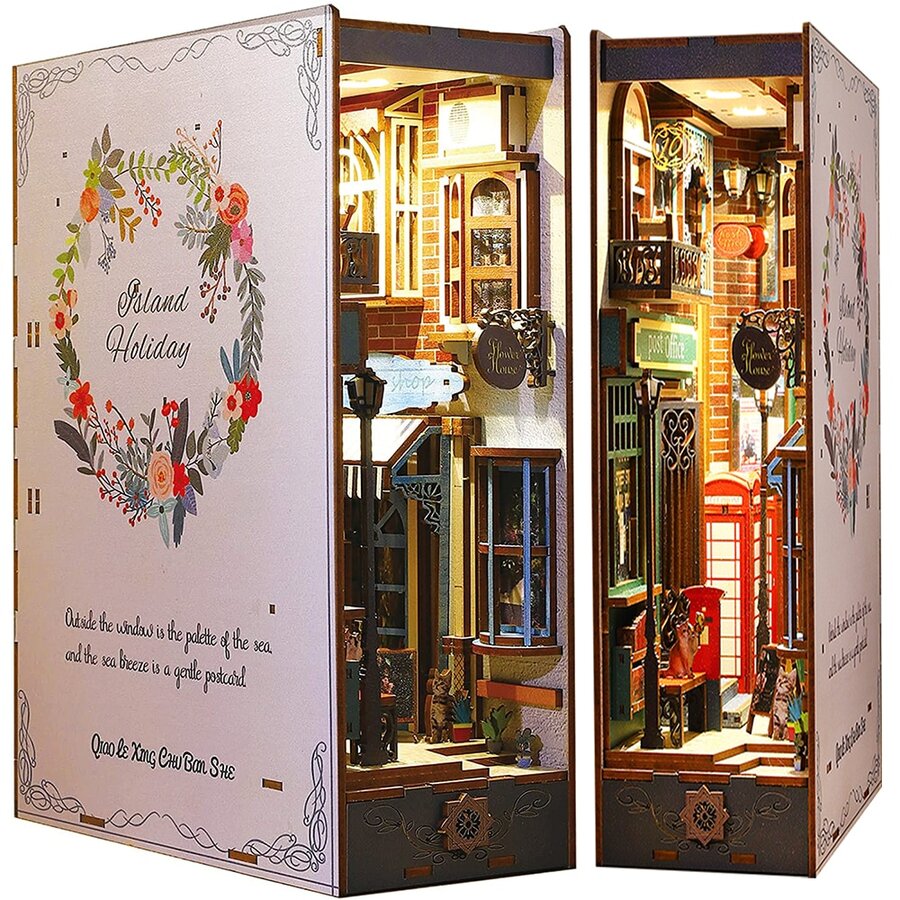 DIY Book Nook Miniature Kit, Booknook Dollhouse Bookshelf Insert with Sensor Light & Music Movement, 3D Wooden Puzzles Decorative Bookend Stand Model Kits for Kids Teens Adults(Island Holiday) - 均碼 - 查看 1