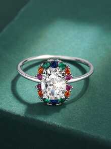 Elegant 925 Sterling Silver Colorful Gemstone Square Shaped Cubic Zirconia Women's Ring