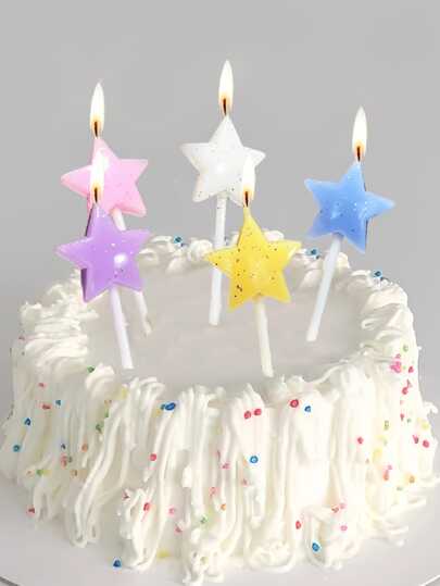 5pcs Macaron Candy Colored Star & Glitter Decor Birthday Party Cake Candle, Party Decoration, Back To School Valentine Day