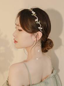优雅 1 件绿叶、风铃草、人造珍珠和流苏装饰发箍情人节 - 金色 - 查看 2
