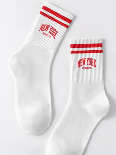 1pair Men's Mid-Calf Letter Printed Socks With Red Double Stripes Designed For Anti-Bacterial, Moisture Wicking, Casual, Fashionable, Sports And Daily Life, Fall