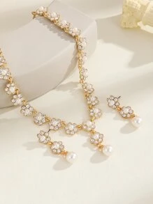 3入組婚禮新娘假珍珠水滴水晶耳環項鍊套裝,適用於女士晚裝派對 - 查看 2