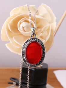 1入組合金平底瑪瑙鑲嵌吊墜復古項鏈套裝適合女士 - 紅色 - 查看 3