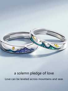 1pair Sun Moon Themed Couple Adjustable Ring With Opening Design - Silver - View 8