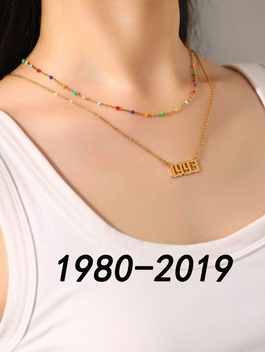 2pcs Simple & Fashionable Year Number Pendant Necklace Set - Multicolor - View 1