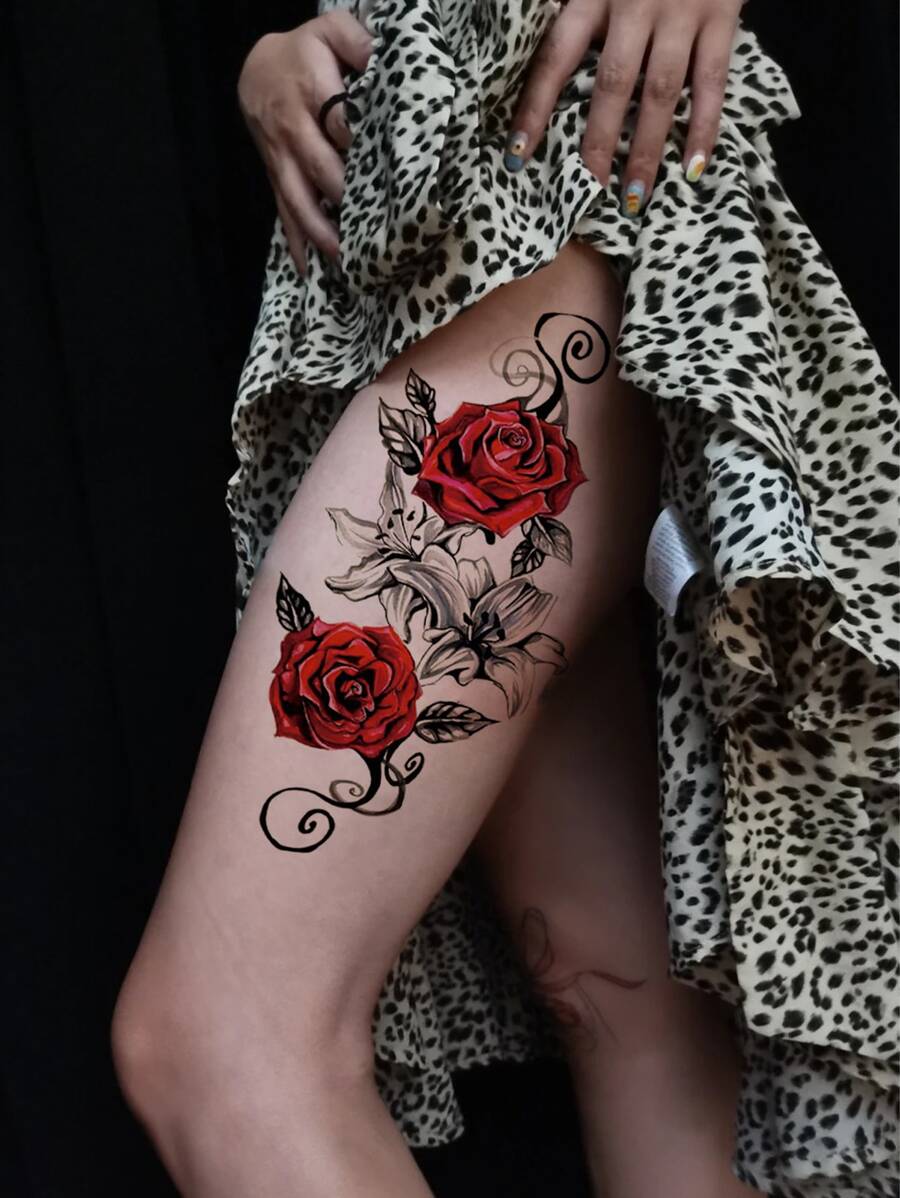 性感玫瑰圖案臨時紋身貼紙,適用於女性大腿,紅色&魅力&防水 - 黑色 - 查看 1