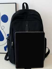 1pc New Large Capacity Student Backpack, Solid Color Multi-functional Casual Travel Bag, Classic Double-shoulder Backpack - Black - View 3