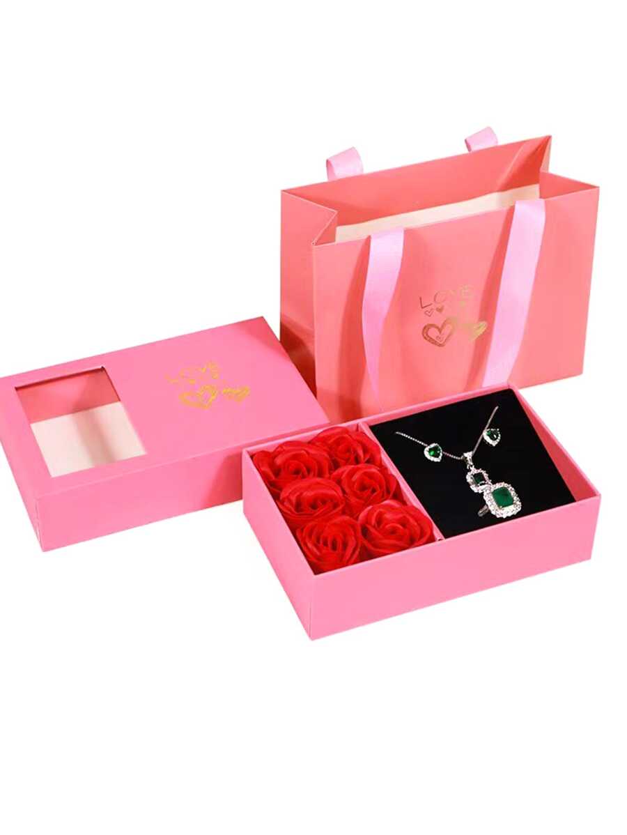 1Pc Phong cách đơn giản Trái tim màu hồng Mặt dây chuyền hoa hồng Hộp đựng trang sức (Chỉ có hộp, Không bao gồm trang sức) - Hồng - Xem 1
