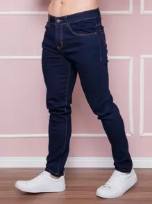 Calça Jeans Masculina com Elastano Modelagem Slim Fit Casual Confortável Básica - Lavagem escura - Visão 1