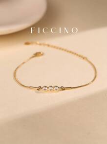 FICCINO Simple Classic Gold-Plated Cubic Zirconia Titanium Steel Adjustable Bracelet For Women, Daily Wear All-Match Style - 299b - View 6