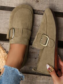 女士麵包鞋,平底絨面皮鞋,全年適用,金屬扣環,軟底便士鞋,適合日常穿著、工作和上學,較小尺碼,建議訂購大一號尺碼。 - 卡其色 - 查看 1