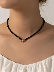 1入組波西米亞風格黑色串珠字母&心形墜飾項鍊