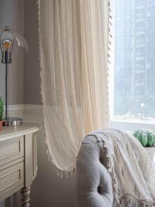 2入組波西米亞鄉村復古風格透明鉤編蕾絲窗簾/帘子,帶流蘇,適用於穀倉門、客廳、臥室、廚房、咖啡廳和健身房 - 米色 - 查看 1